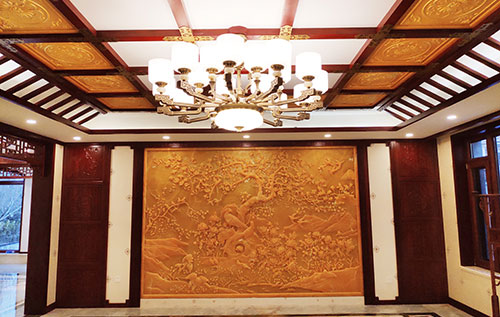 八公山中式别墅客厅中式木作横梁吊顶装饰展示